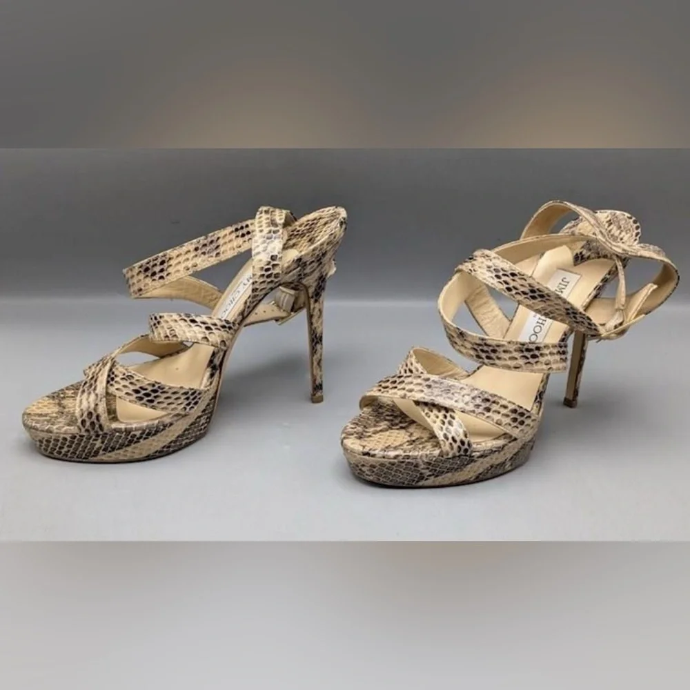 Jimmy Choo, 8.5 (EU 39) Snake Embossed Leather Strappy Heels, w/ COA - Picture 6 of 15